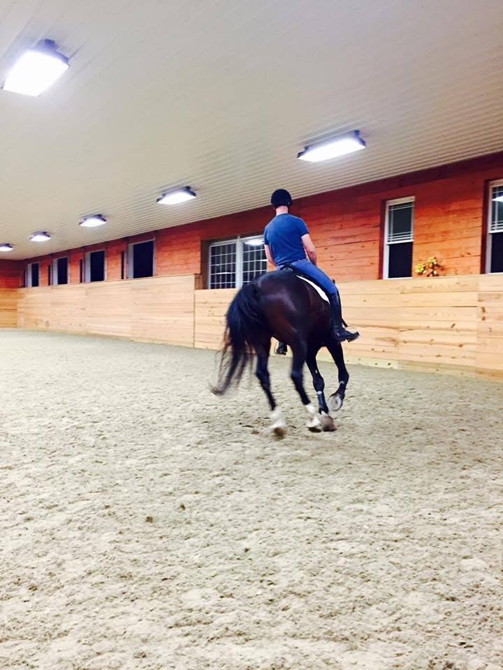A rider working a horse in the indoor arena