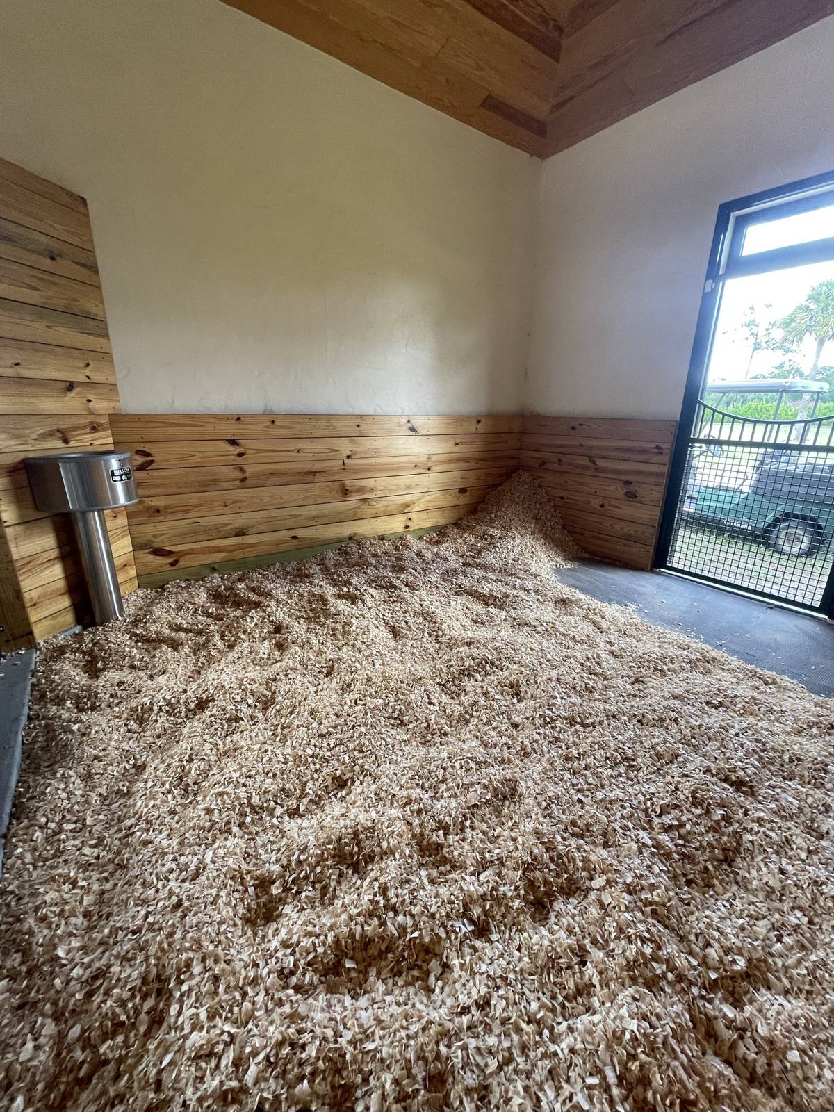 A freshly bedded stall with automatic waterer