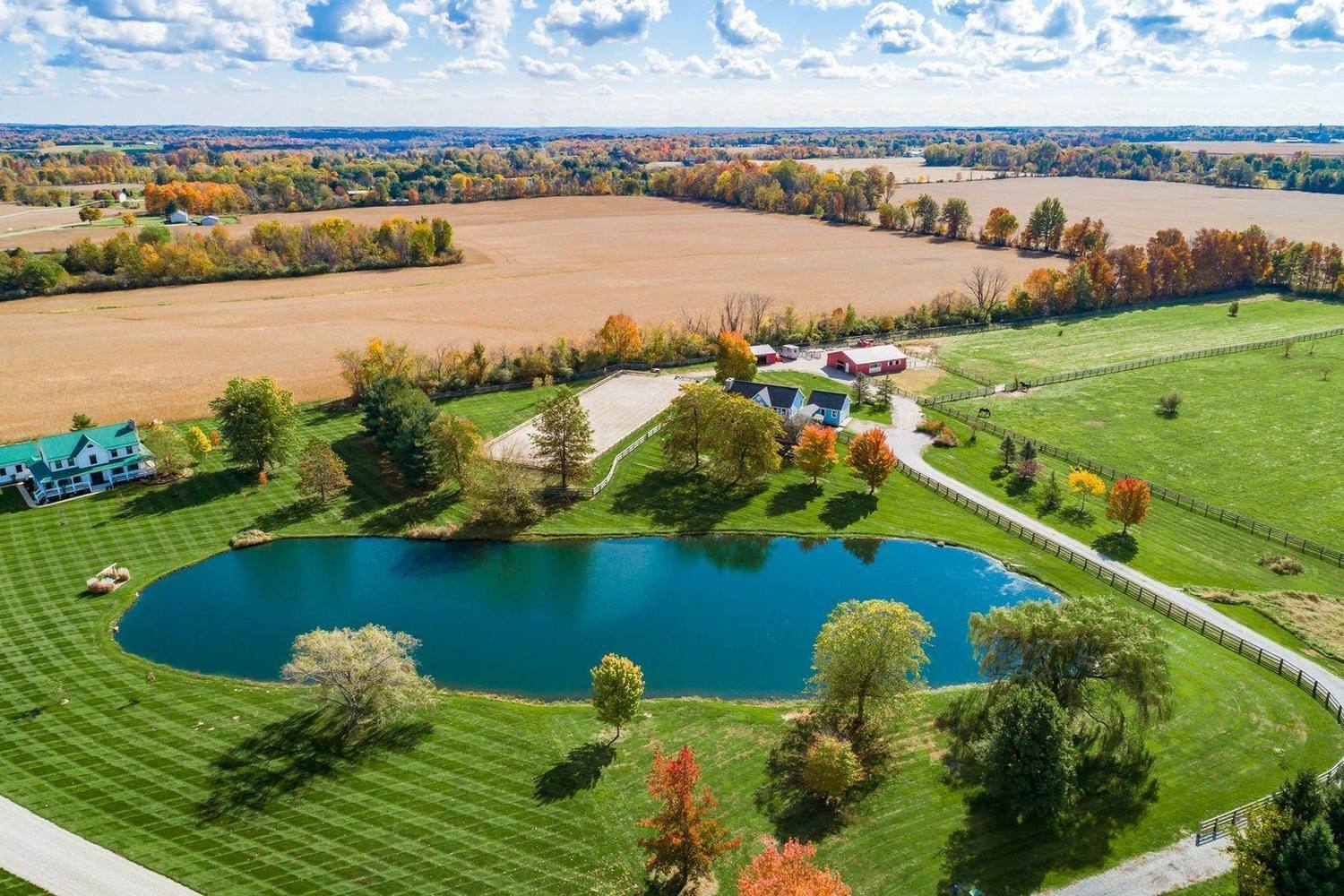 The pond and grounds at The Green Orb from above