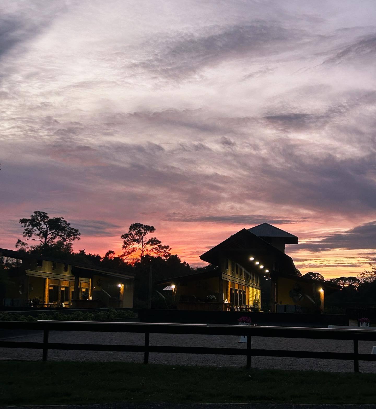 The main barn at sunset