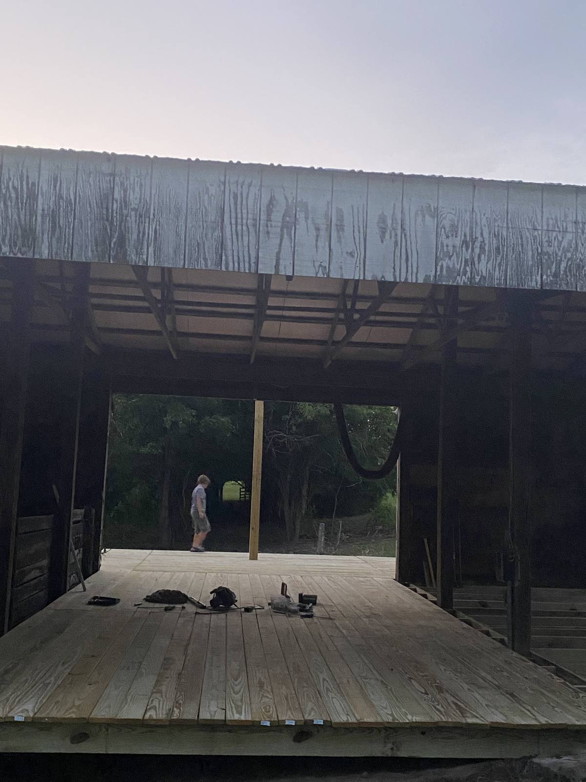 Under the pavilion roof, looking out to the deck