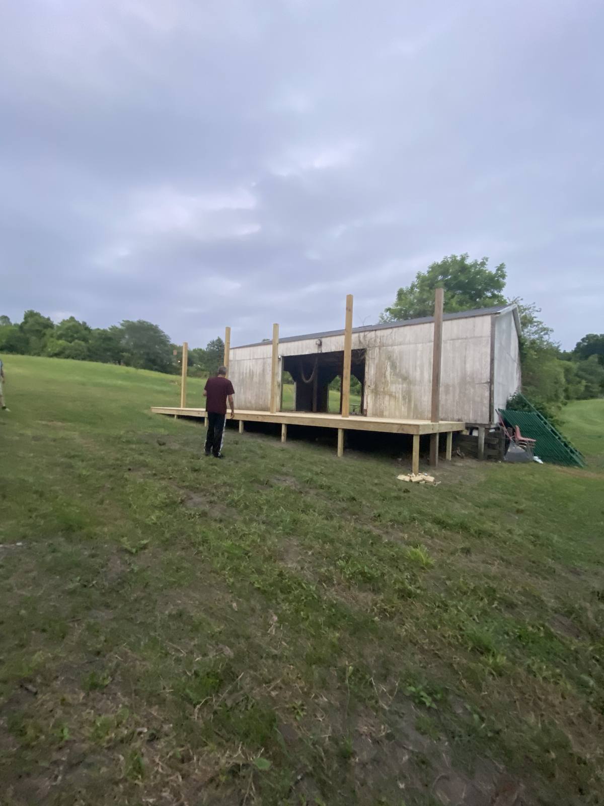 The event barn and deck at dusk