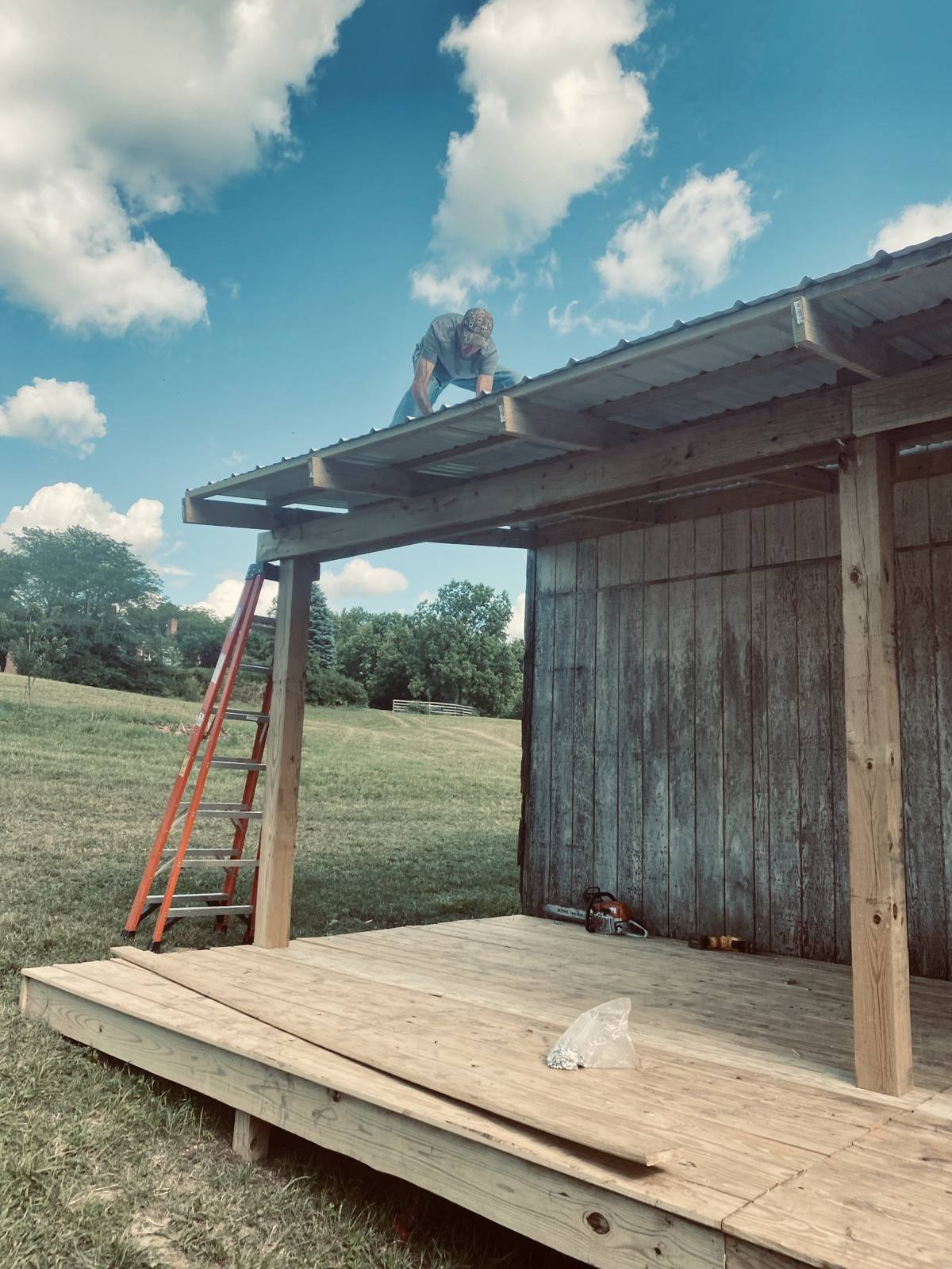 The open pavilion frame with a ladder during the build